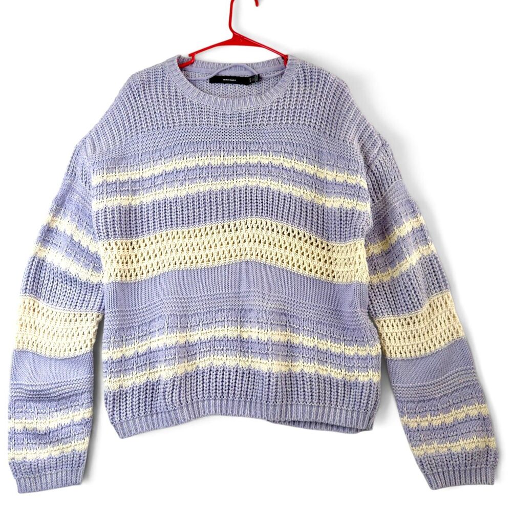 vero moda lola lavender cream open knit striped sweater lg coastal boho preppy